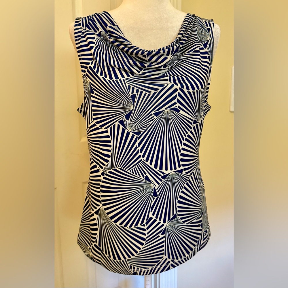 NWT JEAN-PIERRE KLIFA Blue and White Scallop Cowl Top Orig $88